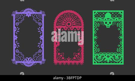 Mexikanisches Pappel Picado Rahmenset - lila rechteckiger Ausschnitt mit Blumen und Blättern, rosa Bogendesign mit Sonnenschliff-Motiv, grünes Rechteck mit Schädelmuster für DIA de muertos-Feiern. Stock Vektor