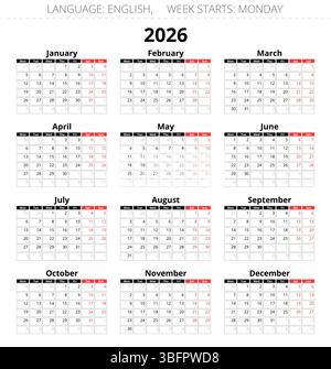 Jahreskalender für 2026 Jahre englisch. Vektorabbildung. Die Woche beginnt montag Stock Vektor