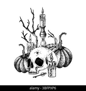 Halber Schädel, Kürbis, Kandelaber, brennende Kerze, trockene Äste, Schlüssel, Kreuzstück. Schwarz-weiße grafische Illustration im gotischen Stil für Halloween, Day of Stock Vektor
