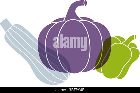 Farbsymbole für Bio-Gemüse. Zucchini, Kürbis, Paprika. Symbol für natürliche vegetarische Lebensmittel. Logotypvorlage für ökologische/biologische Betriebe. Stock Vektor