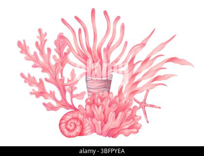 Zusammensetzung der Meereselemente Korallen, Algen und Muscheln, Seesterne. Aquarellabbildung. Unterwassercharakter des Meeresbodens. Handgezeichnete isolierte Kunst Stockfoto