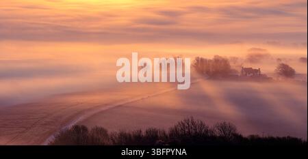 Sonnenaufgang über einem nebeligen Sussex-Feld Stockfoto