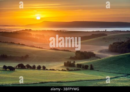 Sonnenaufgang über den South Downs Stockfoto