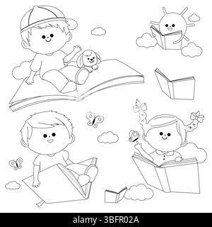Glückliche Kinder lesen und fliegen mit Büchern am Himmel. Studentenkinder feiern den Buchtag der Kinder. Schwarzweiß-Ausmalseite. Stockfoto