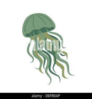 Stilisierte grüne Qualle mit fließenden Tentakeln. Minimalistische flache Vektorillustration auf weißem Hintergrund, ideal für Meereslebewesen, Ozean oder Unterwasser Stock Vektor