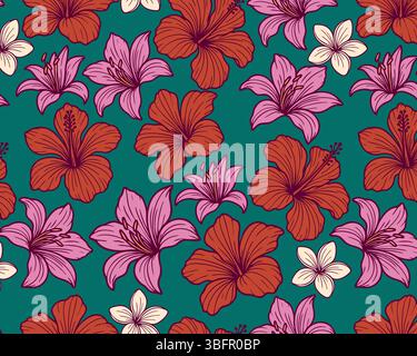 Nahtloses tropisches Blumenmuster mit rotem Hibiskus, rosa Lilien und Creme Plumeria auf blauem Hintergrund. Lebendiges botanisches Design für Sommerkleidung Stock Vektor