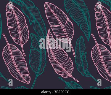 Tropische Bananenblätter nahtloses Muster mit rosafarbenen und grünen Umrissen auf dunklem Hintergrund. Elegantes, handgezeichnetes botanisches Design für Stoff und Textil Stock Vektor