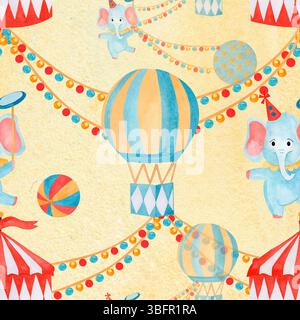 Aquarellmuster handgezeichnete Zirkusillustration mit Elefanten, Ballons und farbenfroher Dekoration auf gelbem Hintergrund. Für Schreibwaren Stockfoto