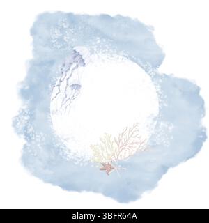 Elegante Quallen mit langen Schwänzen, Korallenzweigen und Meereswellen. Aquarellabbildung. Grußkarte im Marinestil mit blauen Wellen auf weißem Hintergrund Stockfoto