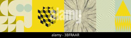 Abstraktes Muster mit einfachen Formen. Hintergrund mit dynamischen Partikeln. Optische Kunst. Geometrischer Hintergrund durch Streifen. Vektorillustration für Broschüre, po Stock Vektor