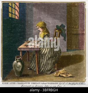 Marie Anne Charlotte de Corday d’Armont sitzt im Gefängnis und schrieb am 16. Juli 1793 einen Brief an ihren Vater. Stockfoto