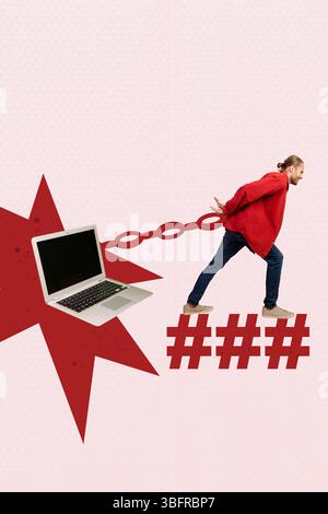 Skizze Bild Trend Grafik Montage 3D Collage des jungen Mannes Walk Hold Kettenverbindung Laptop sucht Netbook virtuelle Technologie Fernbedienung Stockfoto