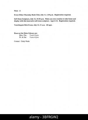 Diese Sammlung von Pressemitteilungen von CML vom Juni 1996 enthält Informationen über Bibliotheksprogramme, Akquisitionen und Community-Veranstaltungen. Die Veröffentlichungen wurden an lokale Medien wie Zeitungen, Radio und Fernsehen geschickt, um die Gemeinde auf dem Laufenden zu halten. Stockfoto