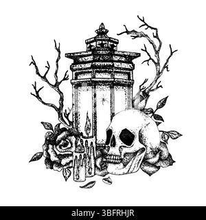 Schädel, Rosen mit Blütenblättern, brennende Kerze, trockene Zweige, Vintage-Laterne. Schwarz-weiße Grafik-Illustration im gotischen Stil für Halloween, Tag des Lebens Stock Vektor