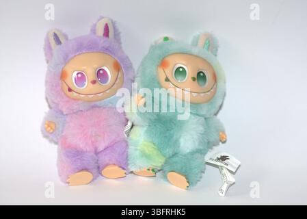 Zwei verspielte Labubu-Spielzeugfiguren in flauschigen grünen und rosa Monsterkostümen und einem schelmischen Lächeln, die vor weißem Hintergrund aufgestellt werden. Stockfoto