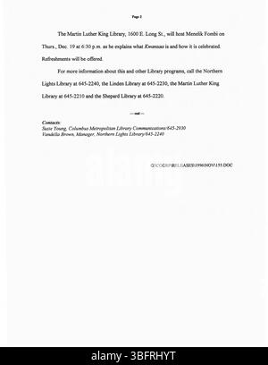 Diese Seite der CML-Pressemitteilungen vom November 1996 enthält Informationen zu von der Bibliothek gesponserten Programmen, einschließlich Schließungen, Neuerwerbungen und Ankündigungen von besonderen Ereignissen oder Jubiläen. Stockfoto