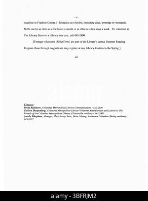 Diese Sammlung von Pressemitteilungen vom Januar 1996 enthält Informationen über Bibliotheksprogramme, Anschaffungen, Jubiläen und Änderungen wie Schließungen und Eröffnungen, die mit lokalen Medien in Columbus geteilt werden. Stockfoto