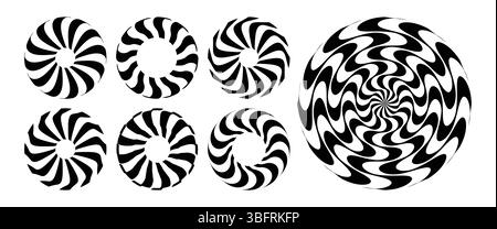 Set aus gestreiften minimalistischen Formen mit optischem Illusionseffekt. Embleme oder geometrische Formen für Ihr Design. 3D-Illustration für Broschüre, Karte, Umschlag, Stock Vektor