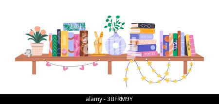 Stapel Bücher im Bücherregal. Bibliothek zu Hause. Stock Vektor