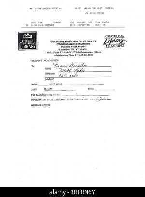 Diese Sammlung von Pressemitteilungen vom November 1996 wurde an Columbus Zeitungen, Radio- und Fernsehsender verteilt. Es umfasst Ankündigungen für von der Bibliothek gesponserte Programme, Schließungen, Eröffnungen, Erwerbungen und Jubiläen. Stockfoto