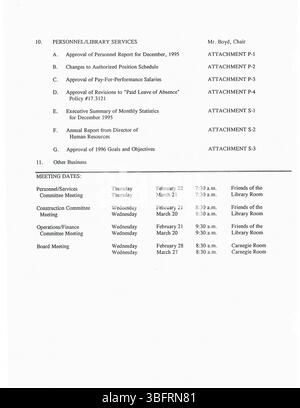 Dies ist eine Sammlung von Pressemitteilungen vom Januar 1996, die an lokale Medien in Columbus verteilt wurden. Die Veröffentlichungen kündigen Ereignisse im Zusammenhang mit der Bibliothek an, wie z. B. Eröffnungen, Schließungen, Akquisitionen und Jubiläen. Stockfoto