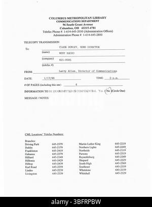 Diese Sammlung enthält Pressemitteilungen vom Januar 1996, die an lokale Medien verteilt wurden und über Bibliotheksdienste, Spezialprogramme, Akquisitionen und Updates zu öffentlichen Bibliotheksaktivitäten berichten. Stockfoto