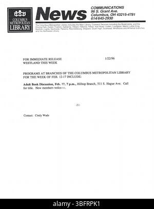 Diese Sammlung von Pressemitteilungen vom Januar 1996 enthält Ankündigungen, die an lokale Columbus-Medien verteilt werden. Die Veröffentlichungen informieren die Öffentlichkeit über von der Bibliothek gesponserte Programme, Schließungen, Eröffnungen, Akquisitionen und Jubiläen. Stockfoto
