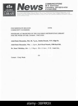 Dies ist eine Sammlung von Pressemitteilungen aus der Columbus Metropolitan Library (CML), die im Februar 1996 an lokale Zeitungen, Radio- und Fernsehsender verteilt wurden. Die Veröffentlichungen kündigen von Bibliotheken gesponserte Programme sowie Schließungen, Eröffnungen, Akquisitionen und Jubiläen an. Stockfoto