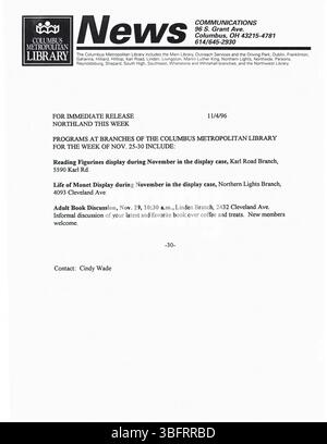 Diese Sammlung enthält Pressemitteilungen der Columbus Metropolitan Library (CML), die im November 1996 an lokale Zeitungen, Radio- und Fernsehsender verteilt wurden. Die Veröffentlichungen kündigen Bibliotheksprogramme, Schließungen, Eröffnungen, Akquisitionen und Jubiläen an. Stockfoto
