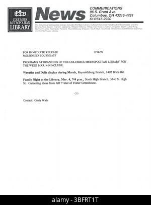 Dies ist eine weitere Seite aus der Sammlung von Pressemitteilungen im Februar 1996, die in Columbus-Zeitungen, Radio- und Fernsehsendern veröffentlicht wurden. Es enthält Ankündigungen zu Bibliotheksprogrammen, Schließungen und Jubiläen. Stockfoto