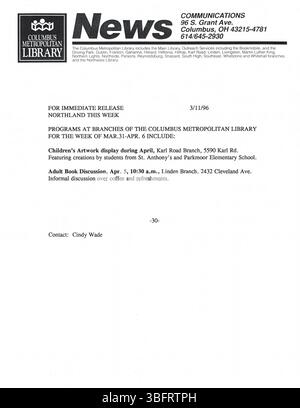 Diese Sammlung enthält Pressemitteilungen vom März 1996, die an Columbus Zeitungen, Radio und TV-Sender gesendet wurden. In den Releases werden Bibliotheksereignisse wie Programmstarts, Schließungen, Eröffnungen, Akquisitionen und Jahrestage angekündigt. Stockfoto
