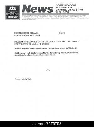 Diese Sammlung enthält Pressemitteilungen vom Februar 1996, die an lokale Columbus-Zeitungen, Radio- und Fernsehsender verteilt wurden. Die Veröffentlichungen umfassen verschiedene von der Bibliothek gesponserte Veranstaltungen, darunter Programmankündigungen, Schließungen, Eröffnungen, Akquisitionen, und Jubiläen. Stockfoto