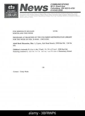 Die Sammlung von CML-Pressemitteilungen vom Februar 1996 enthält Neuigkeiten über Bibliotheksprogramme sowie wichtige Community-Updates wie Schließungen, Neueröffnungen, Akquisitionen und bedeutende Jubiläen. Diese Veröffentlichungen wurden lokalen Medien zur Verbreitung zur Verfügung gestellt. Stockfoto