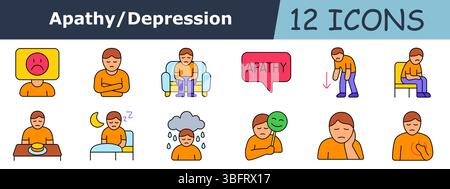 Symbol für Apathie festlegen. Trauriges Gesicht, Bauchschmerzen, sitzende Person, Apathie Sprechblase, schlagender Mann, sitzende Figur, Nahrungsverweigerung, Schlafprobleme, weinender Mann, Stock Vektor