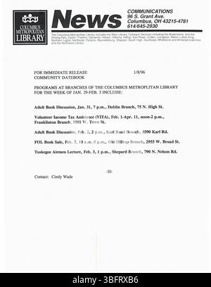 Diese Sammlung von Pressemitteilungen vom Januar 1996 umfasst von der Bibliothek gesponserte Programme, Schließungen, Eröffnungen, Akquisitionen und Jubiläen. Die Veröffentlichungen wurden an lokale Zeitungen, Radio- und Fernsehsender in Columbus verteilt. Stockfoto