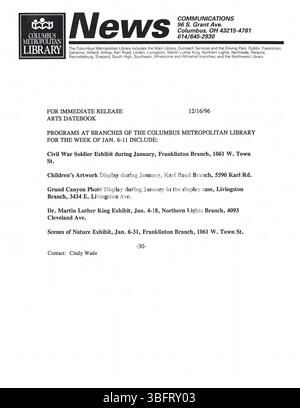 Diese Sammlung enthält Pressemitteilungen vom Dezember 1996, die an Columbus Area Media verteilt wurden. Sie kündigen von Bibliotheken gesponserte Programme, Baueröffnungen, Sonderveranstaltungen und andere wichtige Bibliotheksentwicklungen an. Stockfoto