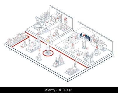 Automatisierte Lager- und Transportvorgänge mit FTS (Automated Guided Vehicles) und AMRs (Autonomous Mobile Robots) für effizientes Robotermaterial Stock Vektor