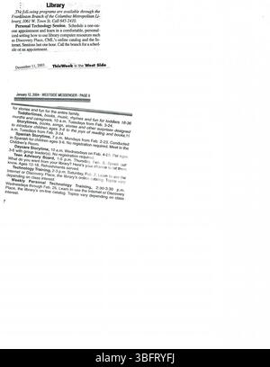 Diese Seite vom Januar 2004 enthält eine Sammlung von Pressemitteilungen über Veranstaltungen in der Bibliothek, Programmankündigungen und Updates der öffentlichen Bibliothek, die an lokale Medien verteilt werden. Stockfoto