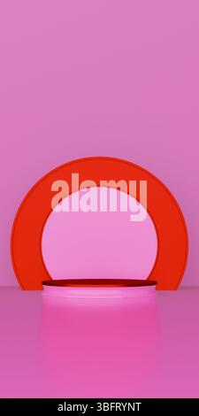 Dieser leuchtende und minimalistische Bogengang in leuchtendem Rot bildet einen auffälligen Mittelpunkt, der perfekt für die Präsentation von Produkten oder als Bühne für digitale Kunst und Pre geeignet ist Stockfoto