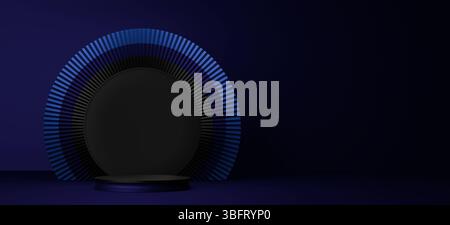 Strahlendes blaues Licht strahlt von einer kreisrunden Bühne aus und schafft eine geheimnisvolle, futuristische Atmosphäre, perfekt für technische Präsentationen, Konzerte oder digitale Medien Stockfoto