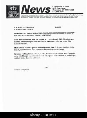 Diese Sammlung enthält Pressemitteilungen vom November 1996, die an lokale Medien wie Zeitungen, Radio und Fernsehsender in Columbus verteilt wurden. In den Releases werden Bibliotheksprogramme, Schließungen, Öffnungen, Akquisitionen und Jahrestage hervorgehoben. Stockfoto