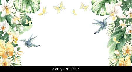 Fliegende Kolibris und Schmetterlinge und Orchideenblüten mit tropischen Blättern isolierte Illustration. Aquarellfarben tropischer Blumenrahmen von phalaenopsis Stockfoto