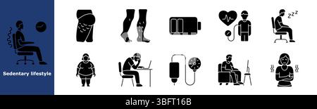 Sedary Lifestyle Set Symbol. Bürostuhl, Uhr, Krampfadern, Fettleibigkeit, Beinschmerzen, Müdigkeit, Blutdruck, Stress, Energiearmut, Schläfrigkeit, schlechte bestellung Stock Vektor