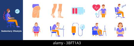 Sedary Lifestyle Set Symbol. Bürostuhl, Uhr, Krampfadern, Fettleibigkeit, Beinschmerzen, Müdigkeit, Blutdruck, Stress, Energiearmut, Schläfrigkeit, schlechte bestellung Stock Vektor