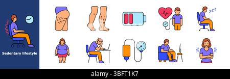 Sedary Lifestyle Farbset Symbol. Wirbelsäulenverspannung, Schwellung der Beine, Fettleibigkeit, Müdigkeit, Inaktivität, Bluthochdruck, Stuhlmüdigkeit, Krampfanfall, schlechter Schmerz Stock Vektor