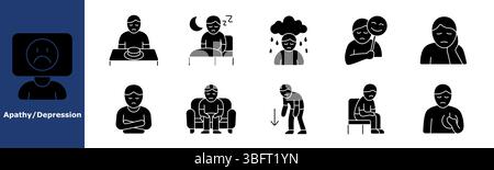Sedary Lifestyle Contour Set Symbol. Schlechte Körperhaltung, Knieschmerzen, Krampfadern, Müdigkeit, Fettleibigkeit, Inaktivität, hoher Druck, Müdigkeit, Sitzen, Stock Vektor