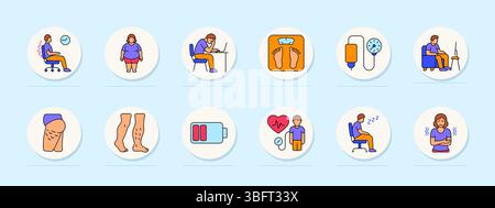 Sedary Lifestyle Set Symbol. Bürostuhl, Fettleibigkeit, Müdigkeit, Schuppenbildung, Infusionsbeutel, Fernsehen, Cellulite, Beine, niedrige Energie, Druck, Schläfrigkeit, Schüttelfrost, s Stock Vektor