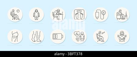 Sedary Lifestyle Set Symbol. Schlechte Körperhaltung, Fettleibigkeit, Müdigkeit am Arbeitsplatz, Schuppen, Bluttropfen, Bildschirmbeobachtung, Cellulite, Beinprobleme, niedrige Ladung, Herz Stock Vektor