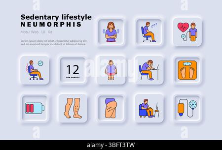 Sedary Lifestyle Set Symbol. Bürostuhl, Rückenschmerzen, Inaktivität, müde Haltung, Gewichtszunahme, Blutdruck, Müdigkeit, Fettleibigkeit, Schreibtisch, Waage, Schwellung Stock Vektor
