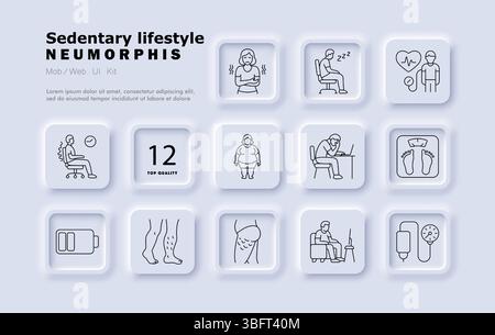 Sedary Lifestyle Set Symbol. Sitzende Person, schlechte Körperhaltung, Müdigkeit, Arbeitsstress, Gewichtszunahme, Schwellung der Beine, Inaktivität, Blutdruck, Energieverlust Stock Vektor